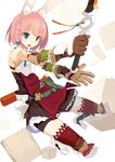  animal_ears arm_guards armor armored_boots belt bike_shorts blue_eyes boots bow braid bunny_ears dress elbow_pads gloves hair_bow harapeko_(886011) holding holding_sword holding_weapon knee_boots open_mouth original pink_hair pleated_skirt pouch puffy_sleeves red_legwear rock sheath short_hair shorts shorts_under_skirt shoulder_pads single_braid skirt solo sword thighhighs unsheathed weapon 