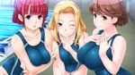  ;) bangs blonde_hair blue_eyes blunt_bangs breast_hold breast_squeeze breasts brown_hair chestnut_mouth collarbone competition_swimsuit finger_to_mouth game_cg hands_on_own_chest hanekura_tomoe hitozuma_swimming_club ino jewelry kayashima_aki large_breasts leaning_forward long_hair looking_at_viewer multiple_girls nunose_yoshika one-piece_swimsuit one_eye_closed pool purple_eyes raised_eyebrow red_hair ring short_hair smile swimsuit wedding_band yellow_eyes 