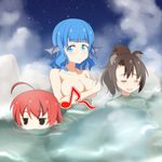  animal_ears bathing blue_eyes blue_hair breasts brown_hair cato_(monocatienus) censored covering covering_breasts eighth_note grass_root_youkai_network head_fins imaizumi_kagerou large_breasts mermaid monster_girl multiple_girls musical_note novelty_censor nude onsen ponytail red_hair sekibanki sky star_(sky) starry_sky steam touhou wakasagihime wolf_ears 