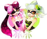  +_- 2girls absurdres aori_(splatoon) bare_shoulders black_hair breasts cleavage detached_collar domino_mask earrings fangs food food_on_head gloves highres holding_hands hotaru_(splatoon) invidiata jewelry long_hair looking_at_viewer mask medium_breasts mole mole_under_eye multiple_girls object_on_head open_mouth pointy_ears short_hair silver_hair smile splatoon_(series) splatoon_1 symbol-shaped_pupils tentacle_hair tentacles transparent_background white_gloves yellow_eyes 
