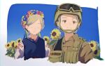  2girls blonde_hair blue_sky closed_eyes clothes_writing day flower goggles goggles_on_headwear hair_bun helmet military military_uniform msc_nm multiple_girls original outdoors portrait sky smile standing sunflower ukraine ukrainian_clothes uniform 