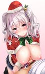  1girl bar_censor blue_eyes blush bow breasts capelet censored christmas hanging_breasts hat hetero highres kantai_collection kashima_(kantai_collection) large_breasts long_hair looking_at_viewer male_pubic_hair md5_mismatch nipples nironiro no_bra paizuri penis perpendicular_paizuri pink_background pubic_hair santa_costume santa_hat silver_hair skirt smile twintails 