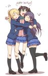  ^_^ akni ayase_eli beamed_eighth_notes black_hair black_legwear blank_eyes blazer blonde_hair bow bowtie cardigan closed_eyes eighth_note girl_sandwich group_hug hair_ornament hair_scrunchie hug jacket kneehighs korean lifting_person loafers long_hair love_live! love_live!_school_idol_project low_twintails multiple_girls musical_note open_mouth otonokizaka_school_uniform pink_scrunchie pleated_skirt ponytail purple_hair sandwiched school_uniform scrunchie shoes short_hair skirt smile standing standing_on_one_leg thighhighs toujou_nozomi translated twintails yazawa_nico 