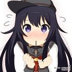  2015 akatsuki_(kantai_collection) anchor_symbol artist_name black_hair blush clenched_hand commentary_request dated flying_sweatdrops food hat incoming_pocky_kiss kantai_collection long_hair long_sleeves looking_at_viewer miicha mouth_hold neckerchief nose_blush pocky pocky_day purple_eyes red_neckwear remodel_(kantai_collection) sailor_collar school_uniform serafuku shirt sidelocks simple_background solo twitter_username white_shirt 