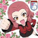  :d arm_up black_legwear clenched_hand cup emblem floral_background flower foreshortening girls_und_panzer hand_on_hip kneehighs long_sleeves looking_at_viewer military military_uniform nekota_susumu open_mouth orange_eyes pink_flower pink_hair pink_rose pleated_skirt red_hair rose rosehip school_uniform short_hair skirt smile solo st._gloriana's_(emblem) st._gloriana's_military_uniform teacup teapot uniform white_background 