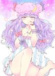  bad_hands bad_id bad_leg bad_pixiv_id big_hair blue_eyes blush bow breasts cleavage cloud crescent crescent_moon_pin gradient_eyes hair_bow hand_on_own_face hands_up hat hips jewelry large_breasts long_hair looking_at_viewer medo_kyun mob_cap multicolored multicolored_eyes necklace nightgown patchouli_knowledge purple_eyes purple_hair shiny shiny_hair sitting solo squinting star star_(sky) strap_slip striped_clothes thighs touhou very_long_hair 