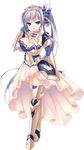  armor blue_eyes breasts bridal_gauntlets cecilia_highland cleavage crown dress full_body hair_ornament highres jewelry large_breasts long_hair looking_at_viewer love_love_princess open_mouth shoulder_pads silver_hair smile solo transparent_background very_long_hair wori 