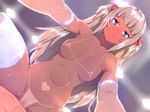  1girl 23_(real_xxiii) bikini_tan blonde_hair blue_eyes body_writing breasts censored cowgirl_position elbow_gloves game_cg girl_on_top gloves hair_ribbon hetero kasshoku_danchi_e_youkoso long_hair looking_at_viewer medium_breasts mosaic_censoring navel nipples nude ribbon smile solo_focus spotlight straddling sujata_rikko sweat tan tanline thighhighs two_side_up white_legwear 