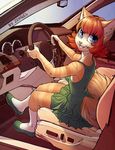  2015 anthro blue_eyes car cat claws clothed clothing cute dress feline female ginger_hair hair inside iskra looking_at_viewer mammal sitting smile solo stripes tabby_cat vehicle vera_(iskra) young 