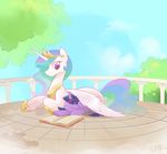  2015 balcony book braddo crown cute duo equine feathered_wings feathers female feral friendship_is_magic hair hi_res horn long_hair mammal multicolored_hair my_little_pony outside princess_celestia_(mlp) sky sleeping smile twilight_sparkle_(mlp) unicorn wing_hug winged_unicorn wings 