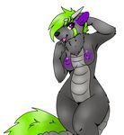  alpha_channel anthro areola breasts canine chest_tuft codeine dragon female fur green_hair hair half-closed_eyes hi_res horn hybrid invalid_tag looking_at_viewer mammal nipples nude pussy scalie simple_background smile standing tongue tongue_out transparent_background tuft wide_hips 