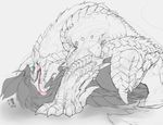  ambiguous_gender capcom claws dragon fanged_wyvern feral leviathan lying monochrome monster_hunter on_back open_mouth scalie simple_background tamamitsune teeth tongue unknown_artist video_games white_background wyvern zinogre 