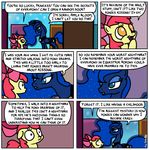  2015 apple_bloom_(mlp) blue_eyes blue_fur blue_hair comic cutie_mark dialogue door earth_pony english_text equine female feral foudubulbe friendship_is_magic fur hair horn horse mammal my_little_pony pony princess_luna_(mlp) text winged_unicorn wings 