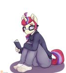  2015 alasou alpha_channel anthro anthrofied book clothing equine eyewear female friendship_is_magic glasses hair hi_res horn legwear looking_at_viewer mammal moondancer_(mlp) multicolored_hair my_little_pony patreon purple_eyes simple_background smile socks solo transparent_background unicorn 