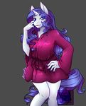  2015 anthro anthrofied blue_eyes casara clothing equine female friendship_is_magic grey_background hair hi_res horn legwear long_hair looking_at_viewer mammal my_little_pony purple_hair rarity_(mlp) simple_background solo unicorn 