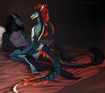  anthro bed black_hair duo female fur grey_fur hair half-closed_eyes inside invalid_tag kneeling lying male male/female navel nude on_back open_mouth red_hair sergal sex smile stripes teeth totesfleisch8 