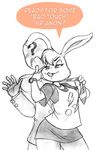  ! ? anon anthro bedroom_eyes blush breasts buckteeth chochi dialogue duo english_text female gert half-closed_eyes human lagomorph male mammal open_mouth rabbit seductive speech_bubble stay_alert_stay_safe suit teeth text watch 