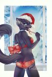  anthro blue_eyes bra candy candy_cane canine christmas clothed clothing dog female food fur gift hair hat holidays husky imanika licking looking_at_viewer mammal open_mouth panties santa_hat solo star tongue tongue_out underwear 