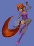  anthro blue_background breasts brown_hair canine clothed clothing female fox fur grey_fur hair half-closed_eyes hi_res inner_ear_fluff invalid_tag legwear looking_at_viewer mammal simple_background smile socks solo teeth totesfleisch8 