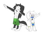  abs barefoot blush canine clothing digitigrade embarrassed featureless_crotch feline front_view leo_(whiteleo) lion loincloth mammal mane muscular nazi_salute open_mouth pecs pose scarf shorts size_difference smile translucent transparent_clothing whiteleo wolf 