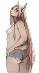  anthro areola blue_eyes breasts brown_fur brown_hair butt clothed clothing feline female fur hair half-dressed hi_res long_hair looking_at_viewer looking_back lynx mammal nipples simple_background skimpy smile solo standing teeth topless totesfleisch8 white_background 