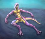  2015 abs anthro athletic balls claws erection hi_res humanoid_penis klongi lizard looking_at_viewer lying male muscular nude pecs penis pink_scales reptile scales scalie simple_background solo 