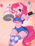  2015 anthro big_breasts blue_eyes breasts cake clothed clothing earth_pony equine female food friendship_is_magic hair hi_res horse legwear looking_at_viewer mammal my_little_pony navel pink_hair pinkie_pie_(mlp) pony simple_background skecchiart skimpy smile socks solo striped_legwear striped_socks stripes thick_thighs under_boob wide_hips 