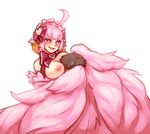 1girl ahoge bare_shoulders blush bow breast_smother breasts drooling feathered_wings feathers hair_bow hairband harpy heart heart-shaped_pupils huge_ahoge jubjub_(monster_girl_encyclopedia) large_breasts monorus monster_girl monster_girl_encyclopedia multicolored_hair nipples orange_hair pink_eyes pink_hair pink_wings short_hair simple_background smile sweatdrop symbol-shaped_pupils two-tone_hair white_background wing_hug wings 