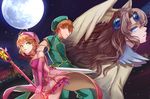  2girls absurdres antenna_hair bangs beret blue_eyes brown_hair cardcaptor_sakura cat_(pixiv5891854) clow_card dress elbow_gloves forehead_jewel full_moon gem gloves green_eyes green_hat hat head_wings highres hoshi_no_tsue kinomoto_sakura li_xiaolang moon multiple_girls night night_sky no_pupils nothing_(clow_card) parted_bangs pink_dress pink_gloves pink_hat short_dress short_hair sky sword v_arms wand weapon 