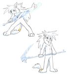  action_pose anthro barefoot featureless_crotch feline hi_res holding_weapon ice leo_(whiteleo) lion looking_at_viewer magic male mammal mane melee_weapon multiple_images navel nude scythe solo standing sword tail_ring weapon whiteleo young 