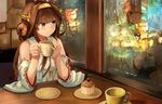  ahoge bare_shoulders blue_eyes brown_hair cake dessert detached_sleeves double_bun food fruit hair_ornament hairband headgear highres japanese_clothes kantai_collection kongou_(kantai_collection) long_hair long_sleeves looking_to_the_side md5_mismatch mont_blanc_(food) night nontraditional_miko okitsugu plate reflection remodel_(kantai_collection) restaurant solo strawberry window 