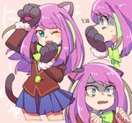  ;) ;3 animal_ears aqua_eyes blazer blue_skirt cat_ears covering_mouth expressions eyebrows eyebrows_visible_through_hair fang fur_trim gloves hashimoto_nyaa heart jacket long_hair multicolored_hair noruberusu one_eye_closed osomatsu-san paw_gloves paws pink_background pink_hair protected_link ribbon scared school_uniform shaded_face simple_background skirt smile solo streaked_hair tail tearing_up whisker_markings 