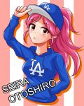  1girl aikatsu! aikatsu!_(series) baseball_cap blue_hoodie blush breasts brown_eyes character_name cropped_torso drawstring drop_shadow ginmugi hand_in_pocket hand_on_headwear hat head_tilt highres hood hood_down logo long_hair looking_at_viewer los_angeles_dodgers major_league_baseball medium_breasts otoshiro_seira parted_lips pink_hair ponytail solo striped striped_background translation_request upper_body very_long_hair 