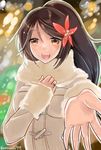  alternate_costume amagi_(kantai_collection) breath brown_eyes brown_hair coat flower hair_flower hair_ornament hand_on_own_chest jewelry kantai_collection long_hair looking_at_viewer mole mole_under_eye namaashi_(user_fuga4235) ponytail reaching_out ring scarf snowing solo wedding_band winter_clothes winter_coat 
