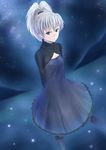  arms_behind_back black_legwear breasts cleavage darker_than_black dress high_ponytail highres looking_at_viewer night ponytail purea purple_dress purple_eyes silver_hair sky small_breasts solo star_(sky) starry_sky yin 