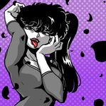  kunou_kodachi leotard monochrome petals polka_dot polka_dot_background ranma_1/2 side_ponytail solo tongue tongue_out wanta_(futoshi) 