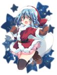  :d belt black_legwear blue_eyes blue_hair blush boots braid character_request commentary_request hat mittens neneko-n open_mouth original over-kneehighs sack santa_costume santa_hat short_hair skirt sky smile solo star star_(sky) starry_sky thighhighs 