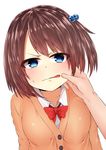  akky_(akimi1127) blue_eyes bow brown_hair cardigan cheek_pinching highres one_side_up original pinching pov school_uniform short_hair solo_focus 