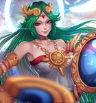  artist_name bare_shoulders choker closed_mouth collarbone facebook_username green_eyes green_hair jewelry kid_icarus long_hair magion02 nose palutena signature smile solo very_long_hair watermark web_address 