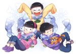  ;3 arms_up black_hair blush brothers capri_pants cat cellphone closed_eyes earmuffs esper_nyanko glasses heart heart_in_mouth hood hoodie male_focus matsuno_ichimatsu matsuno_juushimatsu matsuno_todomatsu messy_hair multiple_boys negitoros one_eye_closed osomatsu-kun osomatsu-san pants phone sandals scarf shared_scarf siblings simple_background single_vertical_stripe sitting sleeves_past_wrists smartphone smile track_pants v white_background 