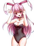  :d ahoge alternate_costume animal_ears bangs bare_shoulders black_leotard blush breasts bunny_ears bunny_girl bunny_pose bunnysuit carrot choker cleavage collarbone eyebrows eyebrows_visible_through_hair hair_between_eyes hands_up happy head_tilt highres hips lavender_hair leotard long_hair looking_at_viewer medium_breasts open_mouth pink_eyes reisen_udongein_inaba sea_scorpion_(umisasori) sideboob simple_background smile solo standing strapless strapless_leotard thighs touhou very_long_hair white_background 