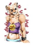  2015 abstract_background anthro athletic breasts cleavage clothed clothing coypowers crop_top ear_piercing eyewear feline female fur half-length_portrait hi_res lion looking_at_viewer mammal midriff navel piercing pink_nose shirt solo spiked_wristband standing sunglasses tank_top traditional_media_(artwork) whiskers 