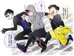  alternate_costume black_hair brothers clothes_around_waist gloves hood hoodie jacket_around_waist male_focus matsuno_ichimatsu matsuno_juushimatsu matsuno_karamatsu messy_hair multiple_boys orionwo osomatsu-kun osomatsu-san partly_fingerless_gloves running shoes shorts siblings smile sneakers sportswear sunglasses translation_request 