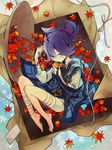  autumn_leaves bandages blue_eyes blue_hair box food from_above fruit hat hat_basket hat_removed headwear_removed holding holding_hat in_box in_container japanese_clothes leaf lying male_focus on_side persimmon ponytail sayo_samonji scar solo touken_ranbu wato_samirika 