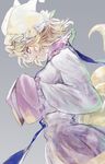  1girl animal_ears blonde_hair dress dutch_angle fox_ears fox_tail grey_background hands_in_sleeves hat highres long_sleeves mob_cap multiple_tails open_mouth profile short_hair simple_background solo tabard tail touhou wide_sleeves yakumo_ran yellow_eyes zeikomi 