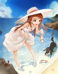  bare_shoulders barefoot beach bent_over brown_eyes brown_hair choker cloud crab day dog dress hat holding holding_shoes idolmaster idolmaster_(classic) long_hair long_legs minase_iori miyo_(13th_floor) ocean open_mouth outdoors pigeon-toed sandals sandals_removed see-through_silhouette shoes shoes_removed skirt_hold sky solo stuffed_animal stuffed_bunny stuffed_toy sun_hat sundress wading water white_dress 