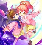  :d angel_and_devil angel_wings bat_wings blue_eyes blush brown_hair chestnut_mouth demon_wings hairband holding_hands interlocked_fingers konbu_wakame kurosu_aroma loafers long_hair looking_at_viewer multiple_girls open_mouth outstretched_hand ponytail pretty_(series) pripara red_hair school_uniform shiratama_mikan shoes smile wings yellow_eyes 