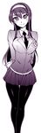  blush breasts hairband highres kusanagi_tonbo large_breasts long_hair monochrome necktie original pantyhose skirt solo uniform 