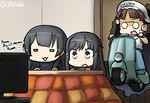  :3 :o agano_(kantai_collection) alternate_costume asashio_(kantai_collection) black_hair blue_eyes brown_hair commentary_request dated english glasses ground_vehicle hamu_koutarou headdress hole hole_in_wall kantai_collection kotatsu long_hair motor_vehicle multiple_girls open_mouth roma_(kantai_collection) roman_holiday scooter short_hair sparkle sweat table tears watching_television 