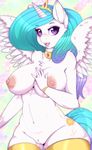  2015 anthro anthrofied areola big_breasts bracelet breasts cheezayballz clothing equine feathered_wings feathers female friendship_is_magic fur hair hi_res horn jewelry legwear looking_at_viewer mammal my_little_pony navel nipples open_mouth princess_celestia_(mlp) pussy solo white_fur winged_unicorn wings 